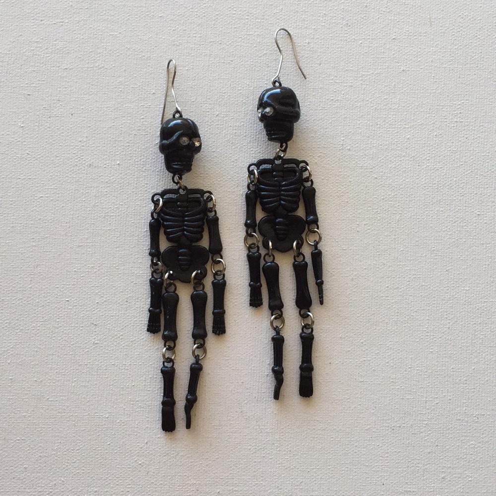 Vintage 90s Black Long Skeleton Earrings 5 Inches!